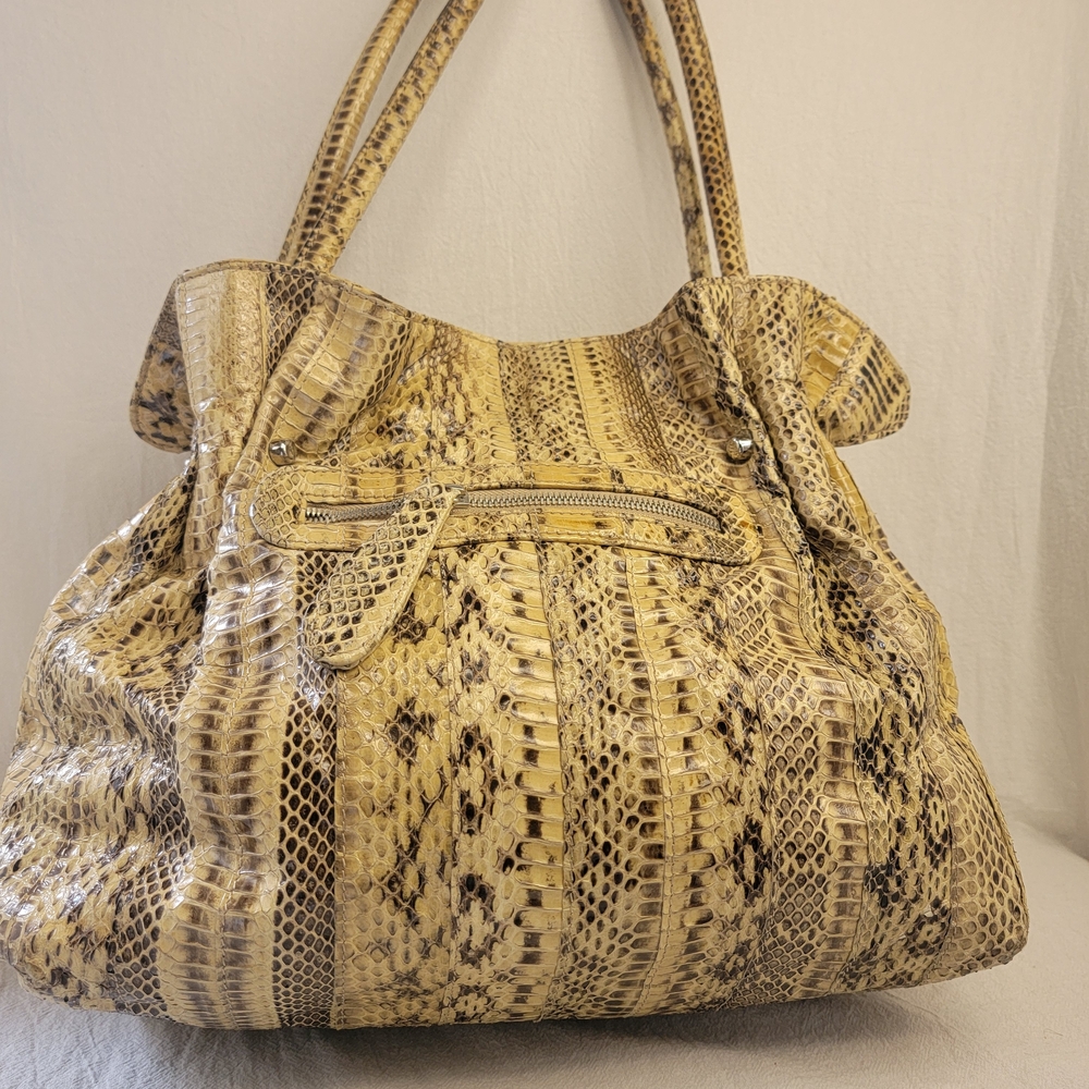 VNTG Y2K Pure 100% Genuine Leather Python Print  Silver Toned Hardware Hand Bag - Picture 2 of 13